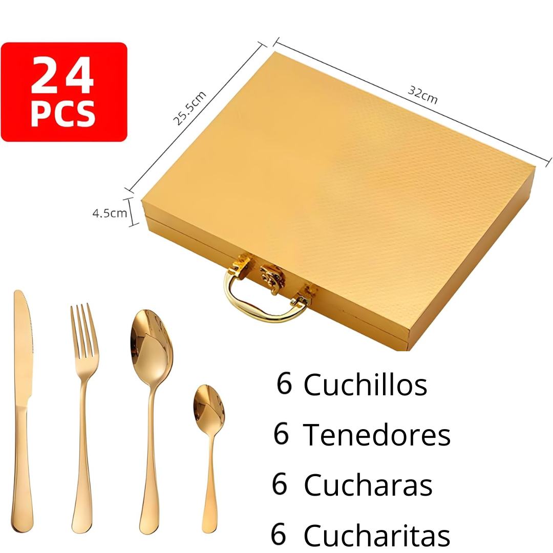 Juego de cubiertos dorado de acero inoxidable