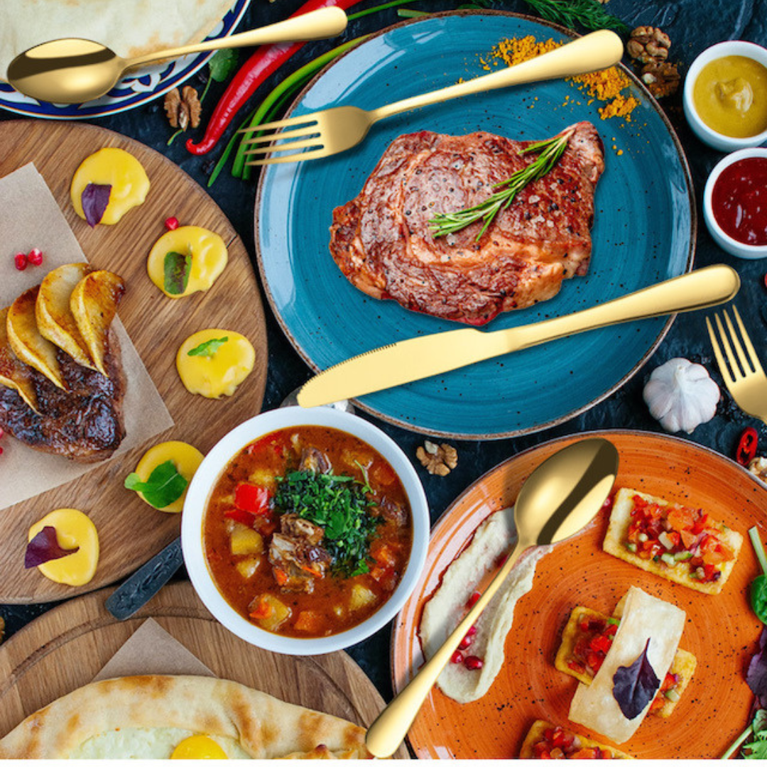 Juego de cubiertos dorado de acero inoxidable